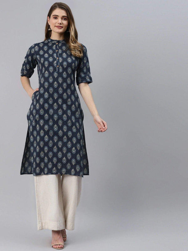 Jashvi Indigo Blue Cotton Straight Kurta