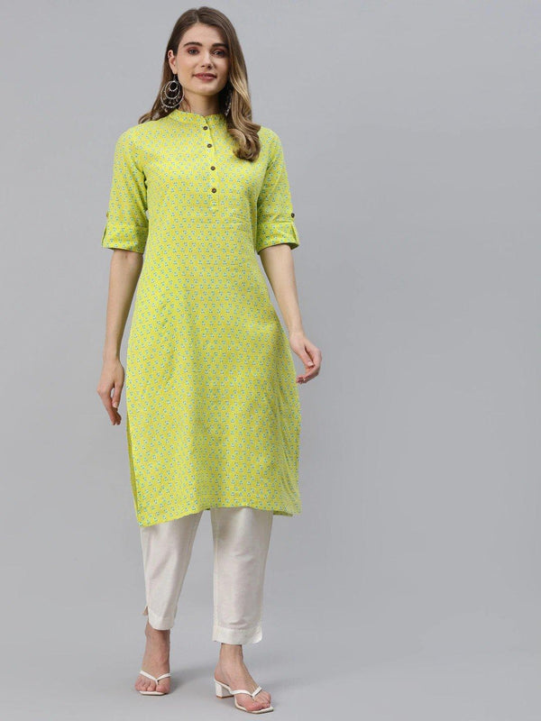 Women's Yellow And Green Cotton Straight Kurta - Taantav