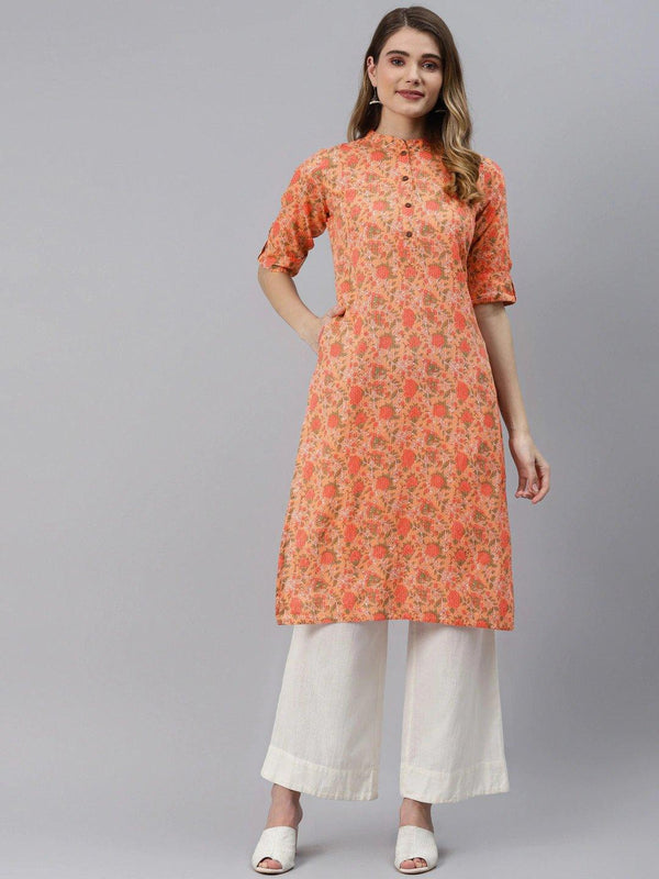 Women's Peach Cotton Straight Kurta - Taantav