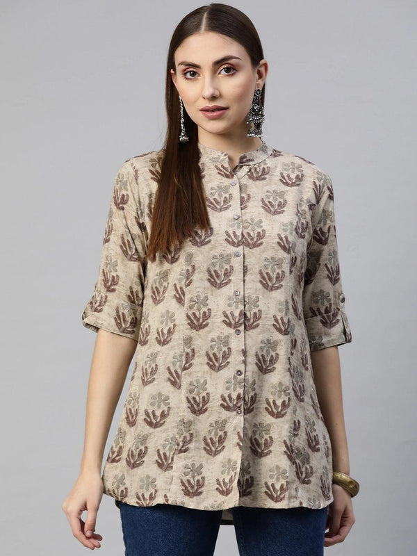 Women's Brown Floral Rayon A-Line Shirt Style Top - Taantav