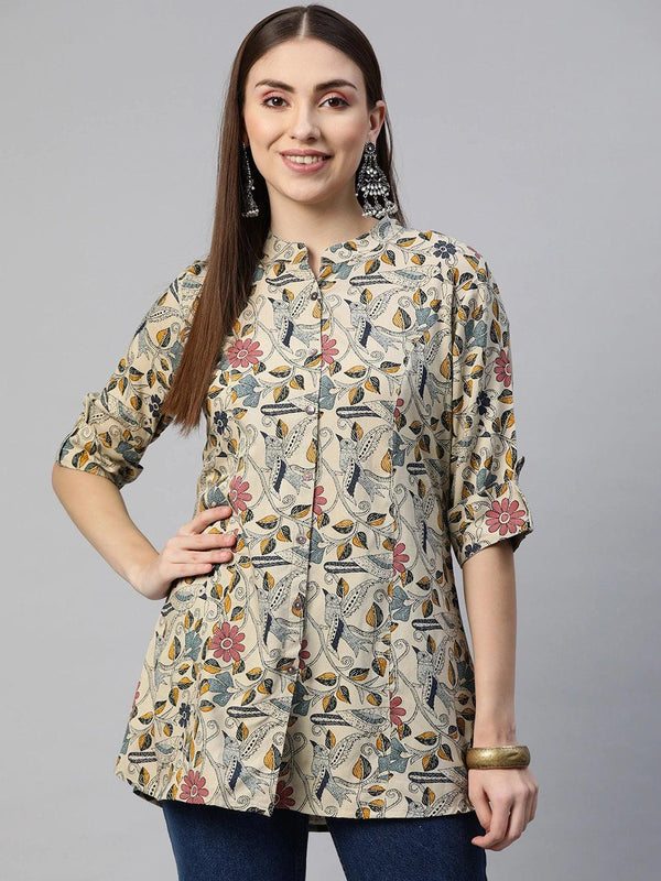 Jashvi Beige Multi Floral Rayon A-line Shirts Style Top