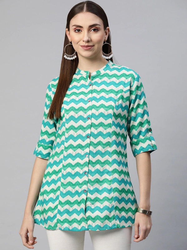 Jashvi Teal Blue Geomatric Rayon A-line Shirts Style Top