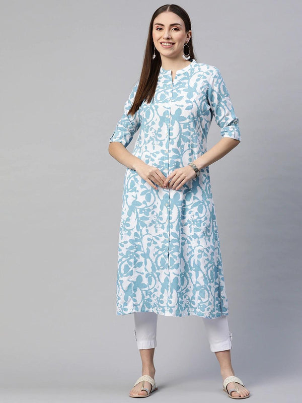 Women's White Blue Cotton A-Line Kurta - Taantav