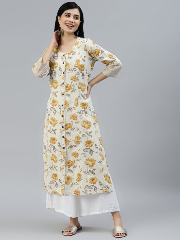 Women's Floral Print Yellow Cotton A-line Kurta - Taantav