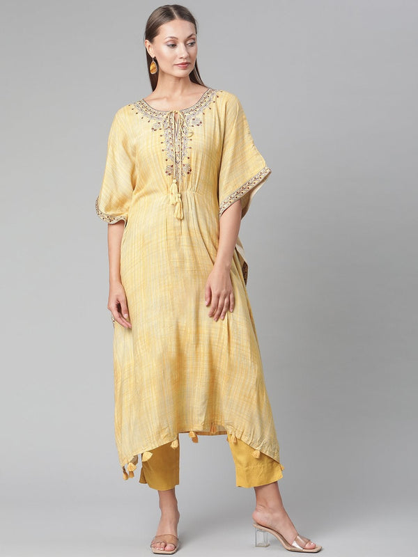 Women's Yellow Rayon Kaftan Pant Set  - Wahenoor