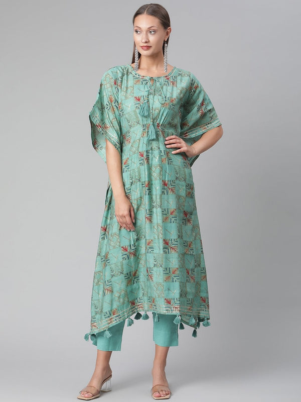 Women's Turquoise Green Rayon Kaftan Pant Set  - Wahenoor