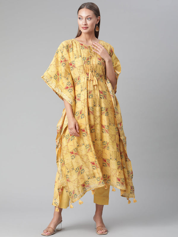 Women's Yellow Rayon Kaftan Pant Set - Wahenoor