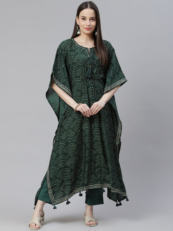 Women's Green Rayon Bandhej Kaftan Pant Set - Wahenoor