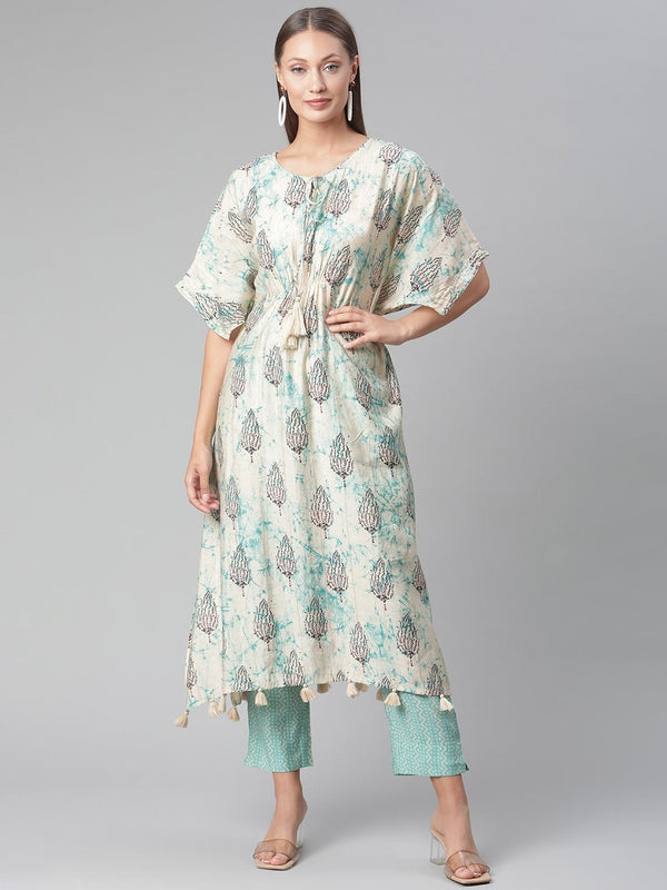 Women's Green Rayon Kaftan Pant Set  - Wahenoor