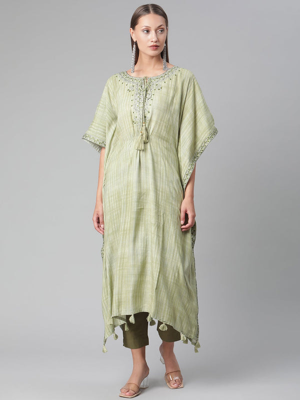 Women's Green Rayon Kaftan Pant Set - Wahenoor