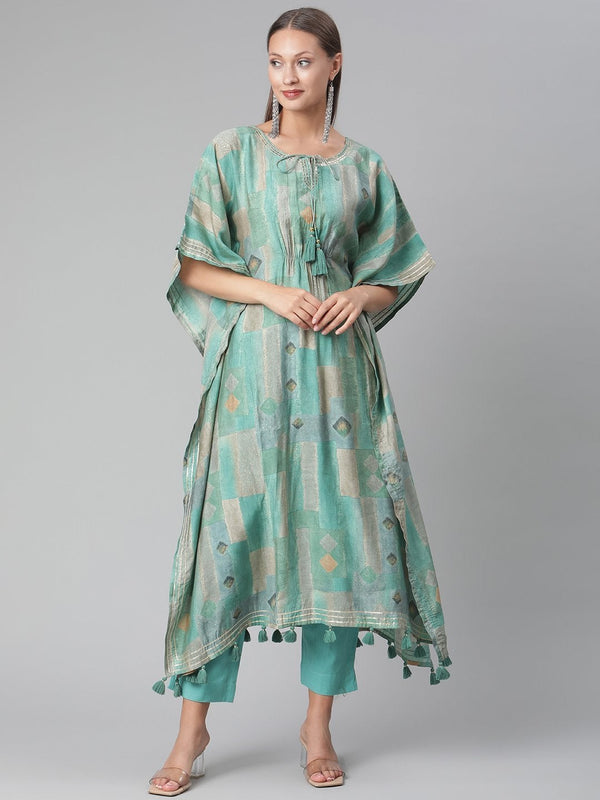 Women's Sea Green Rayon Kaftan Pant Set  - Wahenoor