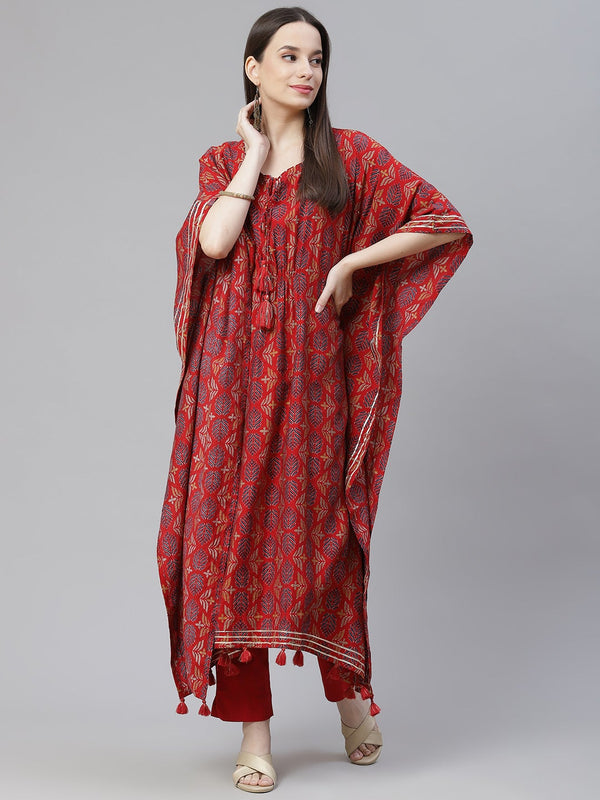 Women's Red Rayon Floral Kaftan Pant Set - Wahenoor