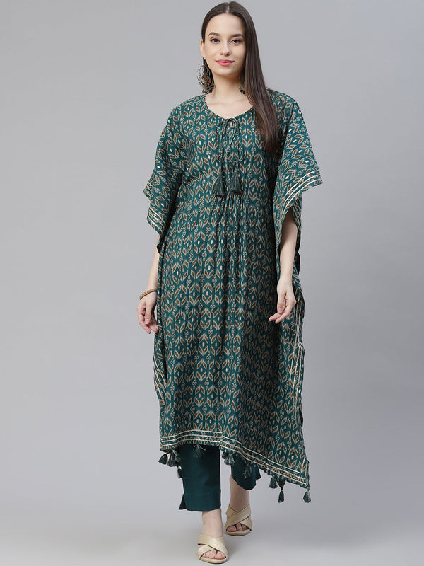 Women's Green Rayon Floral Kaftan Pant Set - Wahenoor