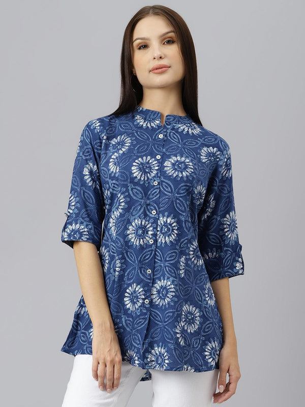 Women's Blue Floral Rayon A-line Shirts Style Top - Taantav