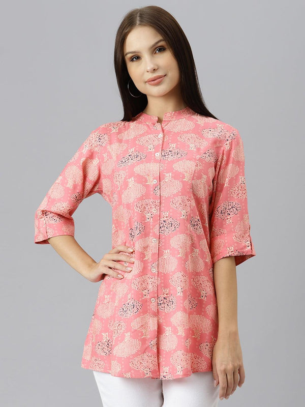 Women's Peach Floral Rayon A-line Shirts Style Top - Taantav