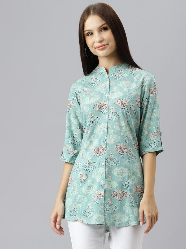 Women's Sea Green Floral Rayon A-line Shirts Style Top - Taantav