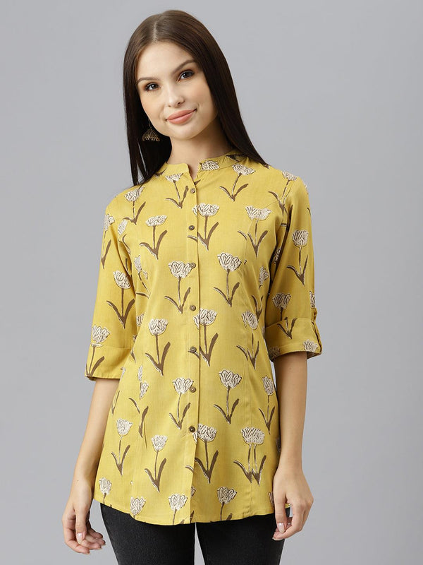 Women's Mustard Floral Rayon A-line Shirts Style Top - Taantav