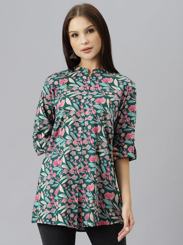 Women's Dark Green Floral Rayon A-line Shirts Style Top - Taantav