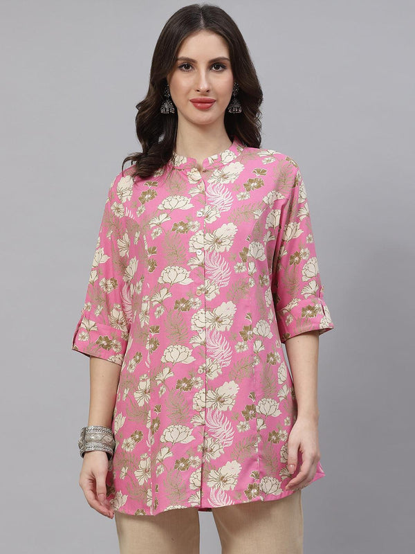 Women's Light Pink Floral Rayon A-line Top - Taantav