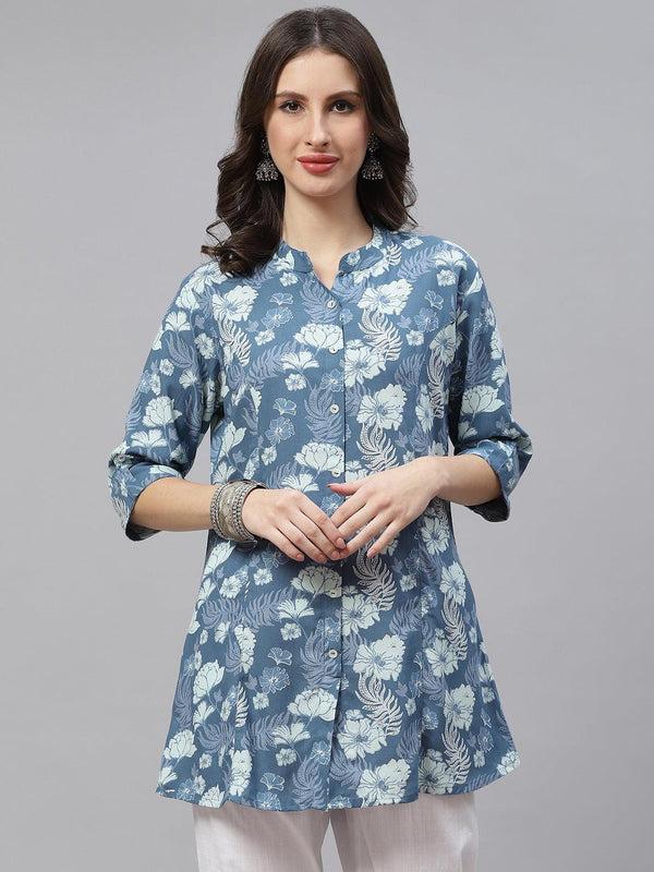 Women's Blue Floral Rayon A-lineTop - Taantav