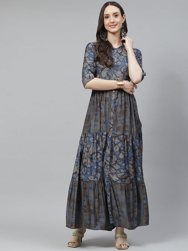 Women's Blue Muslin Tiered with Gathered Kurta with Front Slits - Taantav