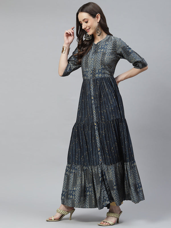 Women's Blue Muslin Tiered with Gathered Kurta - Taantav