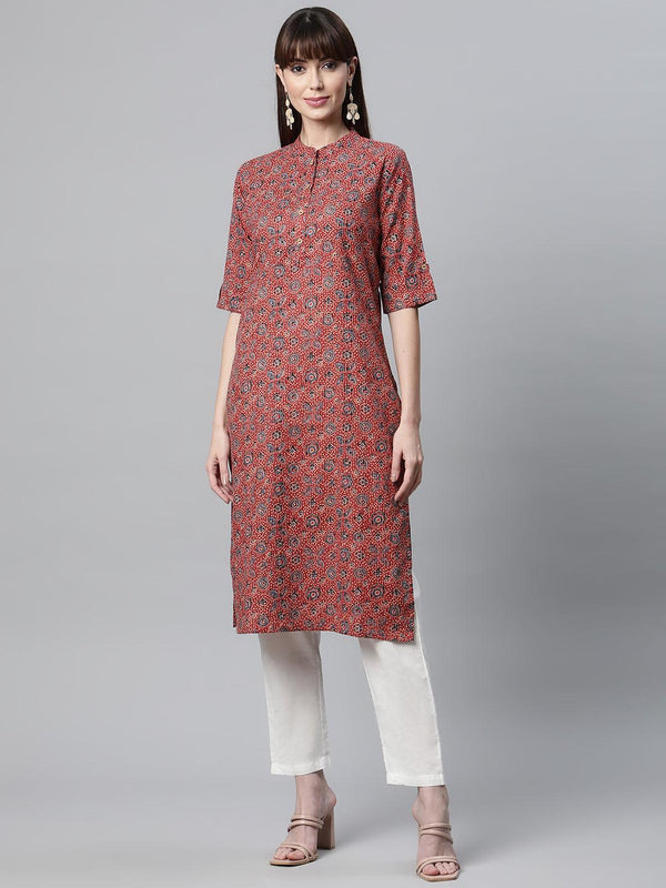 Women's Red and Blue Cotton Straight Kurta - Taantav