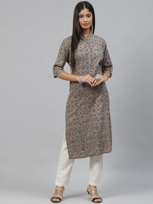 Women's Dark Gray and Maroon Cotton Straight Kurta - Taantav