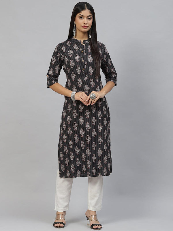 Women's Black and Grey Cotton Straight Kurta - Taantav