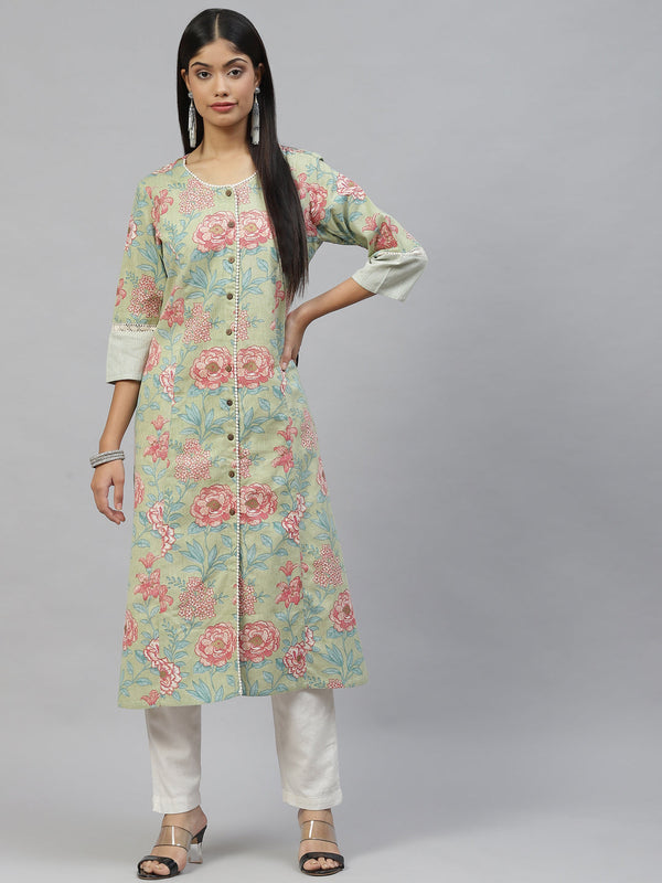 Women's Olive Floral Cotton Flex A-Line Kurta - Taantav