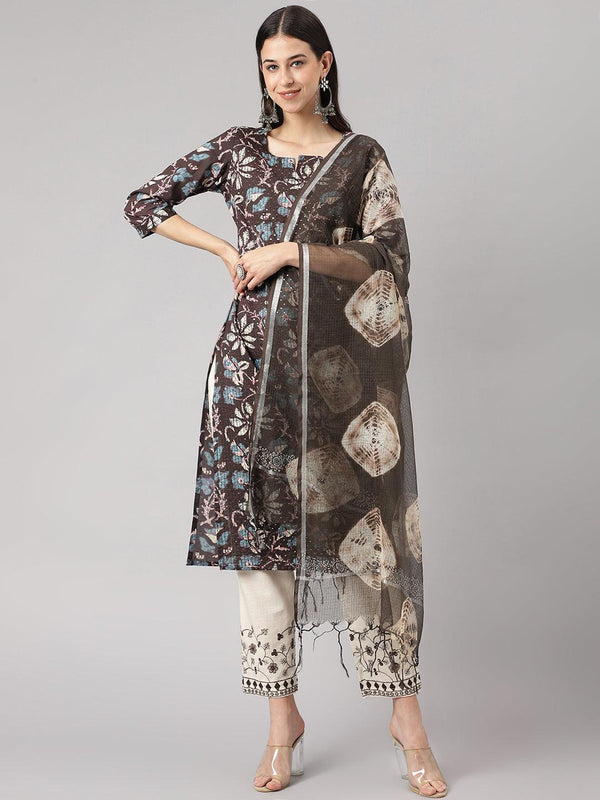 Women's Black Floral Cotton Kurta pant Set with Dupatta - Taantav