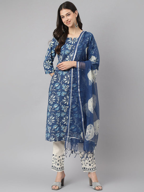 Women's Indigo Floral Cotton Kurta pant Set with Dupatta - Taantav