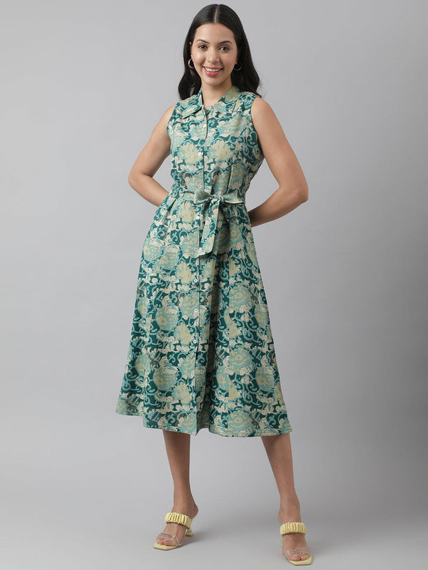 Women's Rayon Light Green A-Line Floral Printed Midi Dress - Taantav