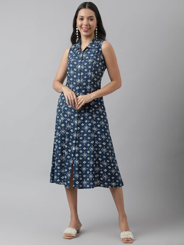 Jashvi Rayon Teal Blue A-Line Floral Printed Midi Dress