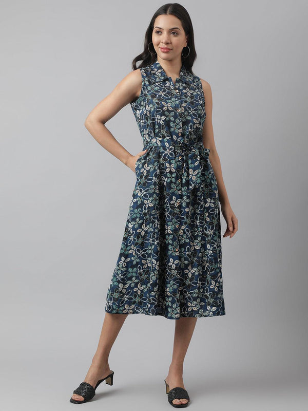 Women's Rayon Navy Blue A-Line Floral Printed Midi Dress - Taantav