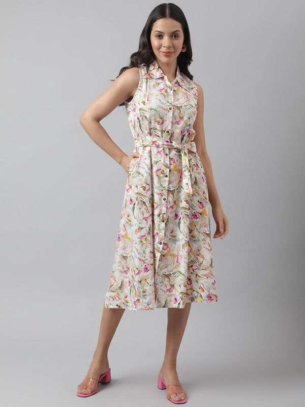 Women's Rayon Cream A-Line Floral Printed Midi Dress - Taantav