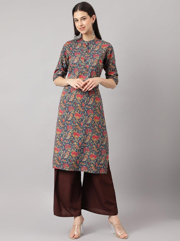 Women's Blue and Red Cotton Katha work Straight Kurta - Taantav