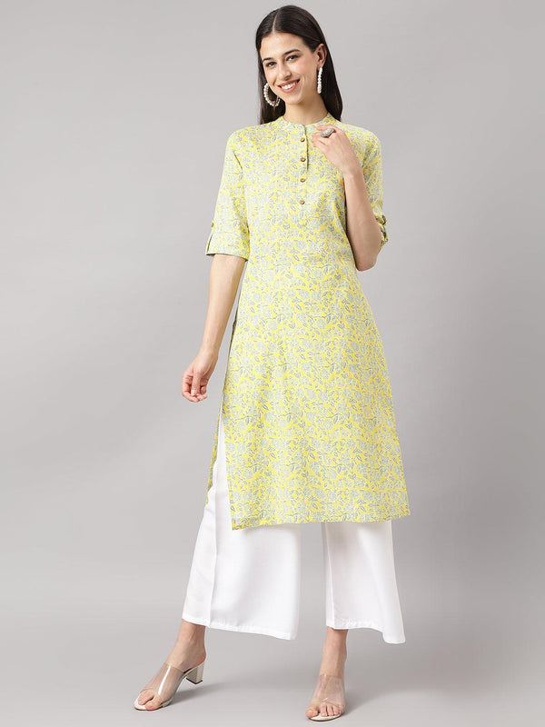 Women's mustard and Gray Cotton Katha work Straight Kurta - Taantav