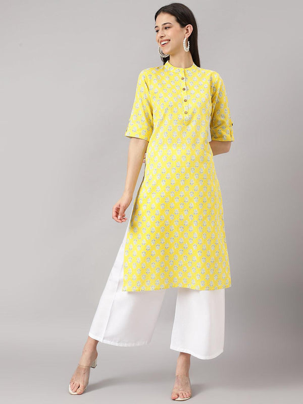 Women's Yellow Cotton Katha work Straight Kurta - Taantav