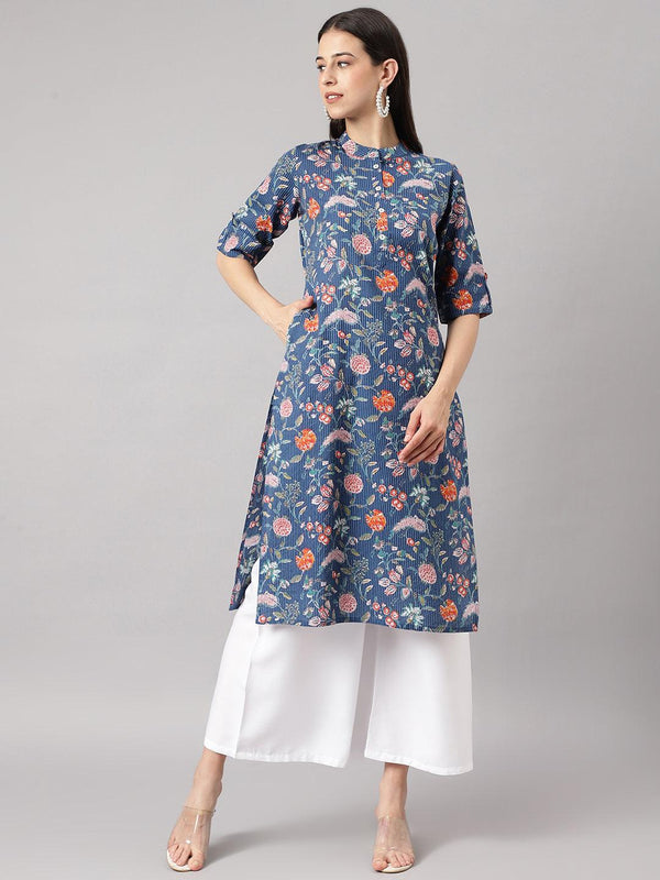 Women's Blue and Orange Cotton Katha work Straight Kurta - Taantav