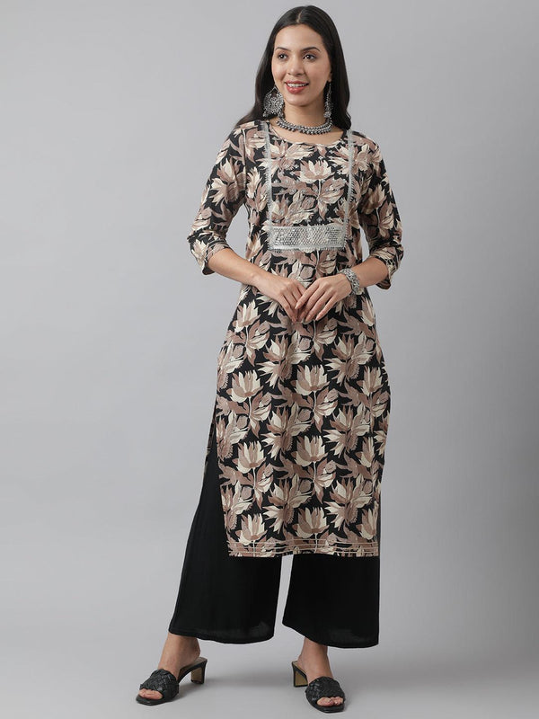 Women's Black Cotton Floral Straight Kurta - Taantav