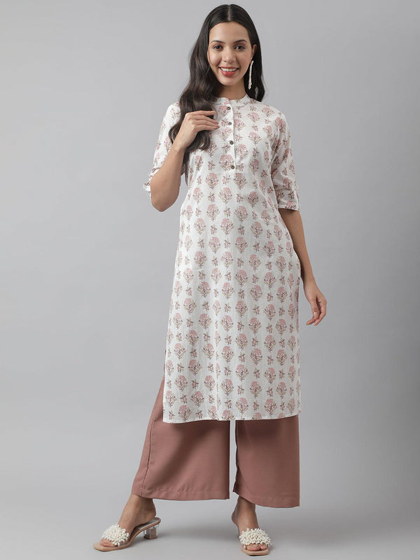 Women's White & Pink Floral Printed Straight Kurta - Taantav