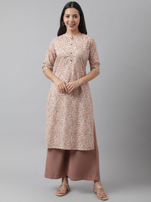 Women's Baby Pink & Green Floral Printed Straight Kurta - Taantav