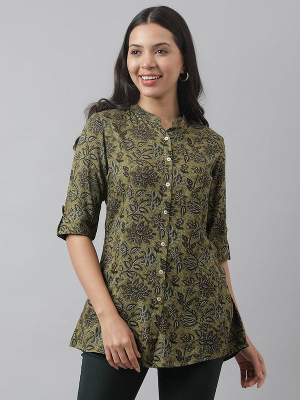 Women's Olive Green Floral Printed Rayon A-line Shirt Style Top - Taantav