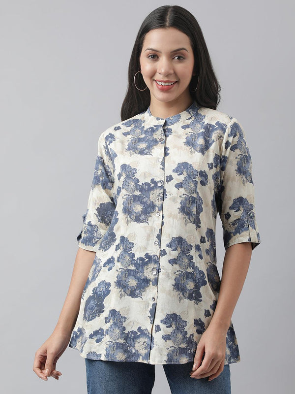 Women's Cream Floral Printed Rayon A-line Shirt Style Top - Taantav