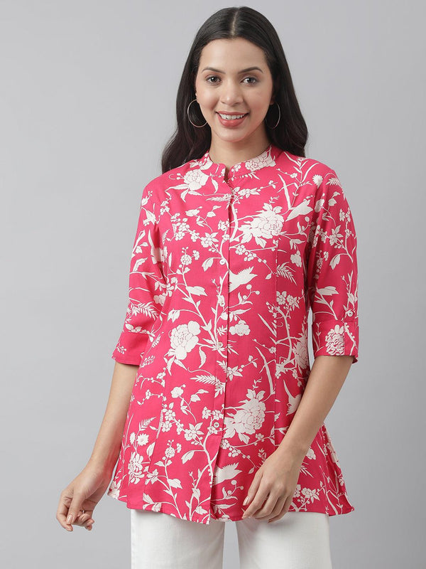 Women's Hot Pink Floral Printed Rayon A-line Shirt Style Top - Taantav