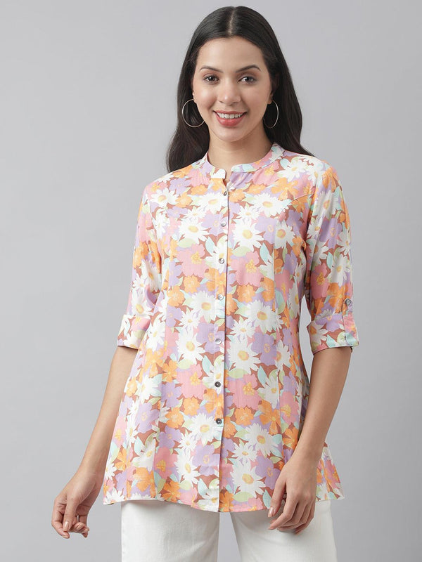 Women's Lavender Floral Printed Rayon A-line Shirt Style Top - Taantav