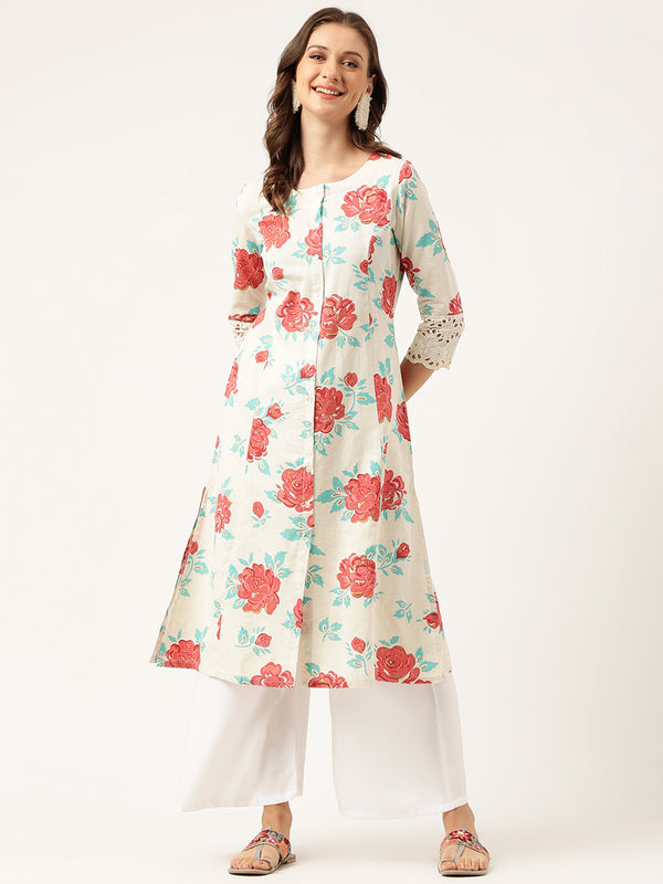 Women's Cream Floral Printed Cotton A-Line Kurta - Taantav