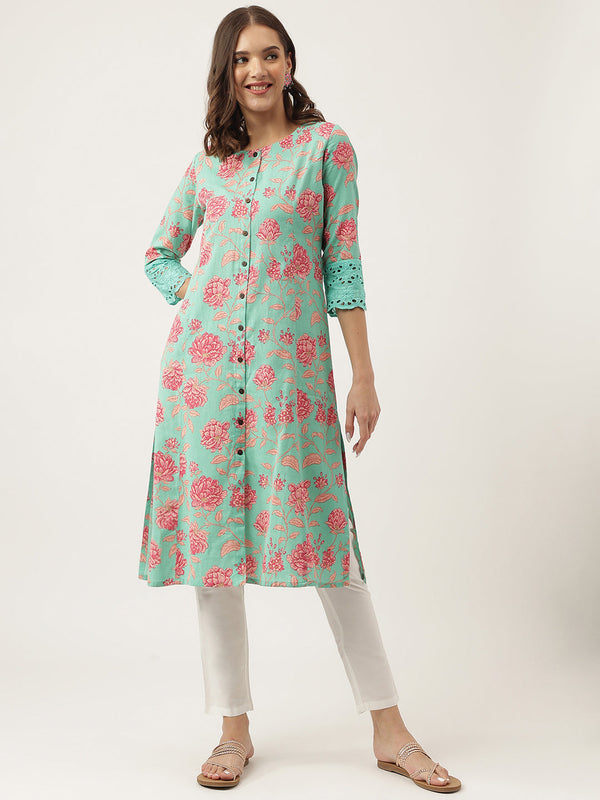 Women's Green Floral Printed Cotton A-Line Kurta - Taantav