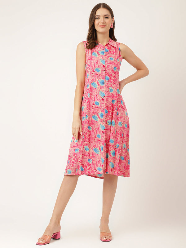 Jashvi Pink Floral Print Rayon A-Line Midi Dress with Attached Sleeves for Women